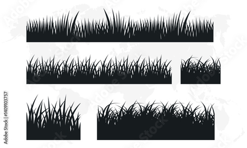 Vector 5 Set of Black Grass Silhouettes on White Background.
