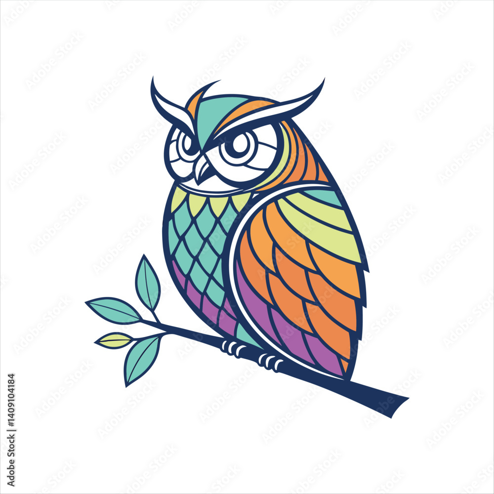 Naklejka premium Colorful Owl Vector Illustration – Stylized Bird Sitting on Branch