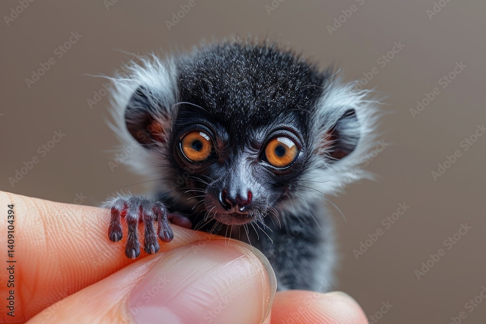Obraz premium Cute black and white lemur baby being gently held by a human hand indoors during a calm moment
