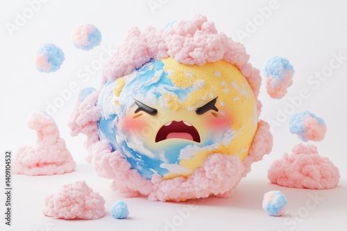 Angry Earth suffocating under pink and blue clouds, depicting climate change.