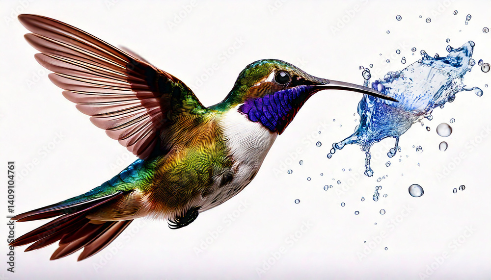 Fototapeta premium Digital art painting of a vibrant, stylized hummingbird with multicolored feathers is captured mid-flight against a white background