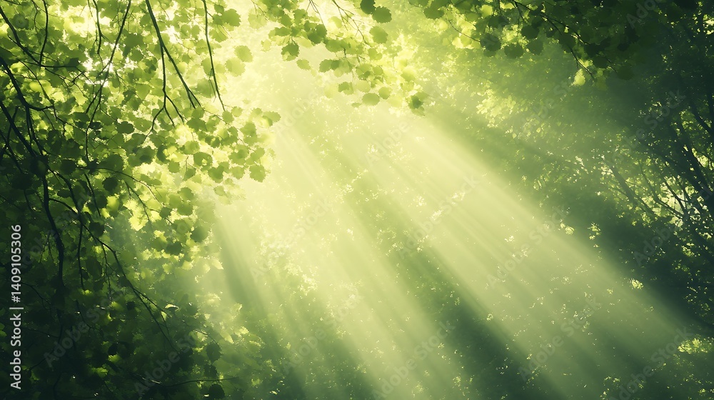 Sunlight Streaming Through Forest Canopy with Green Leaves Sunlight Streaming Through Forest Canopy with Green Leaves