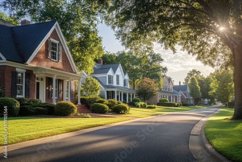 Sunlit suburban street with charming brick and white houses, lush lawns, and mature trees.