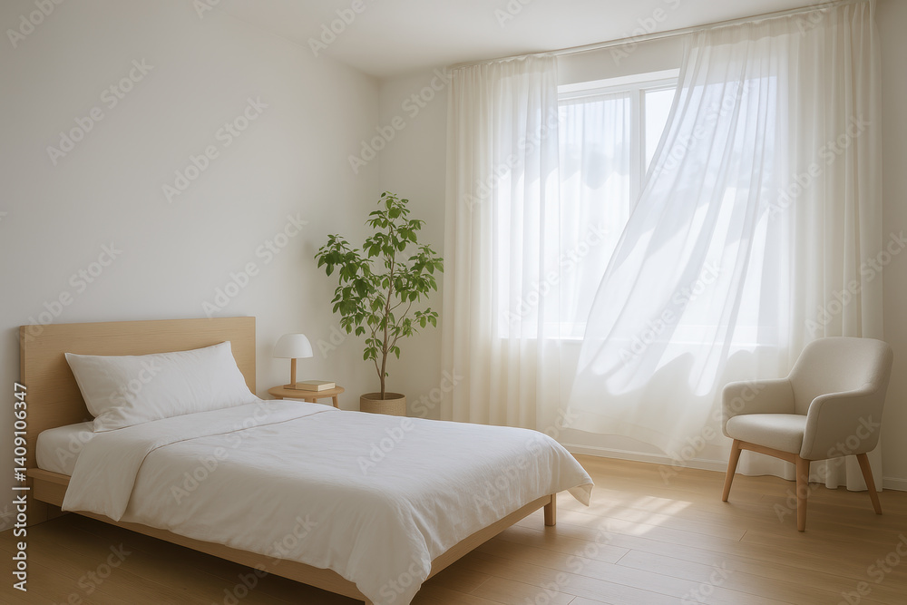serene bedroom featuring minimalist design with natural light streaming through sheer curtains, perfect for digital detox retreat serene bedroom featuring minimalist design with natural light streaming through sheer curtains, perfect for digital detox retreat
