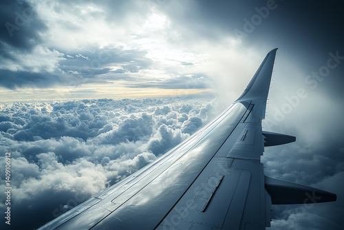 Airplane wing above dark clouds, stormy sky with light contrasts and flight view