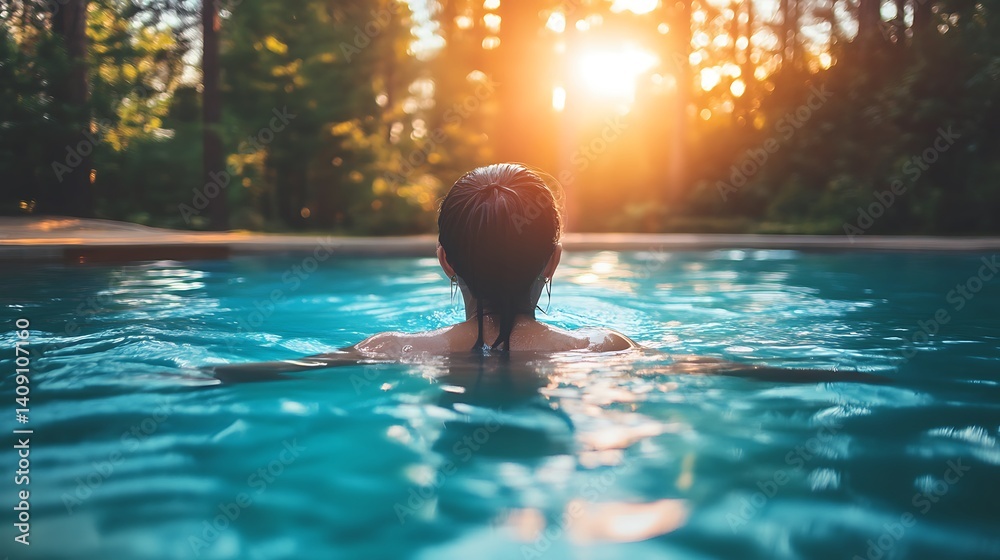 Woman Swimming In Turquoise Pool With Back Towards Golden Sun Surrounded By Lush Green Trees