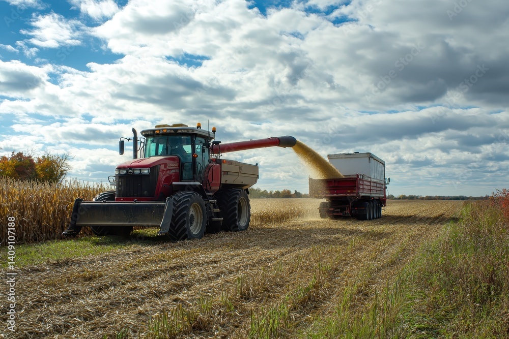 Fototapeta premium Grain auger of combine pouring corn grain into tractor trailer after harvest at field