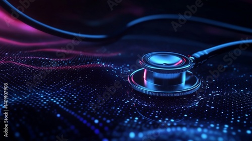 Stethoscope on digital wave background, representing healthcare technology and innovation.