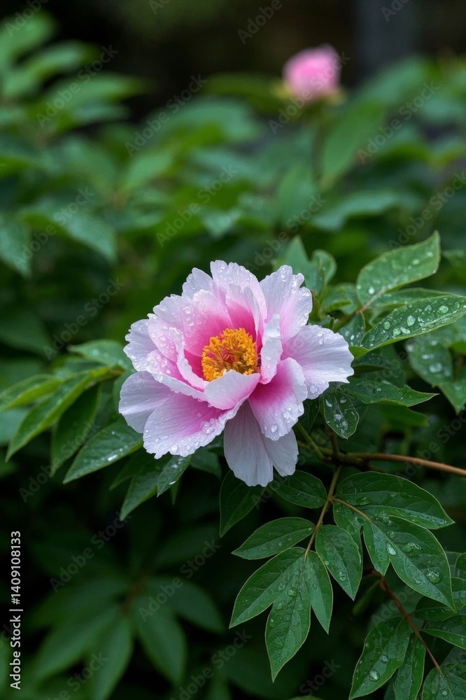 there is a pink flower with yellow center on a bush there is a pink flower with yellow center on a bush
