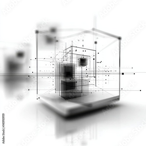 Abstract Geometric Composition: Interconnected Cubes and Lines in Monochrome, Visualizing Data and Networks