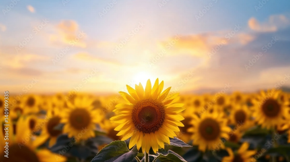Obraz premium A vast sunflower field stretches to the horizon, basking in the soft glow of a setting sun, warm hues blending beautifully.