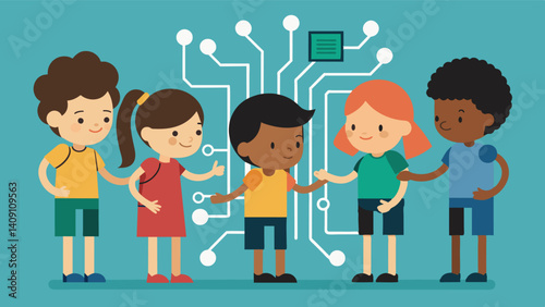 A group of children huddled around a circuit board determinedly troubleshooting the connections.. Vector illustration