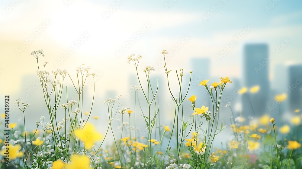 Yellow Wildflowers Blooming In A Green Field Against A Blurred Cityscape Background During Daylight