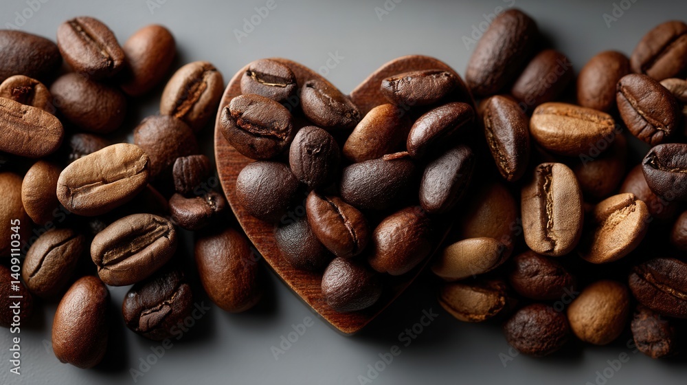 Naklejka premium Warm Coffee Beans with Heart-Shaped Wooden Scoop on Gray Surface