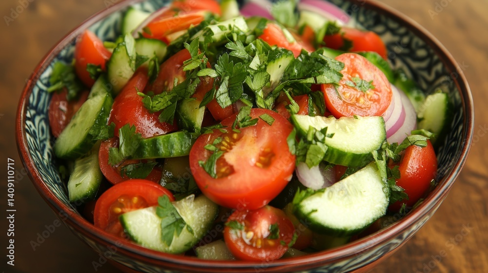 Vivid Summer Fresh Vegetable Salad in a Rustic Bowl with Tomatoes Onions and Cucumbers Under Natural Light Vivid Summer Fresh Vegetable Salad in a Rustic Bowl with Tomatoes Onions and Cucumbers Under Natural Light