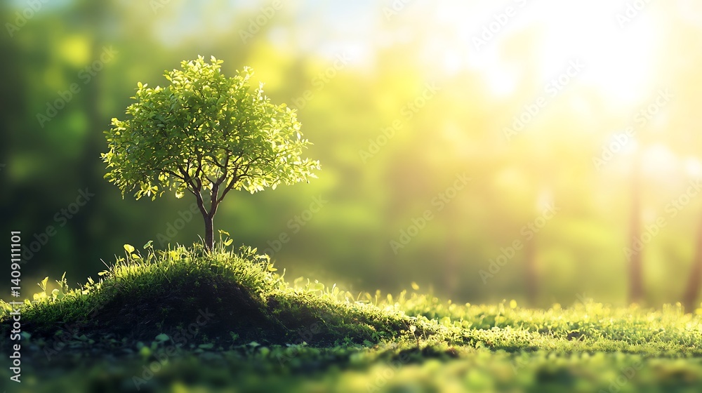 Young Tree Emerging From A Hillock Illuminated By Sunlight in Lush Green Environment