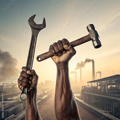 Abstract Conceptual Art of Hands Lifting Tools with Industrial Background – Symbol of Labour Rights and Hard Work

