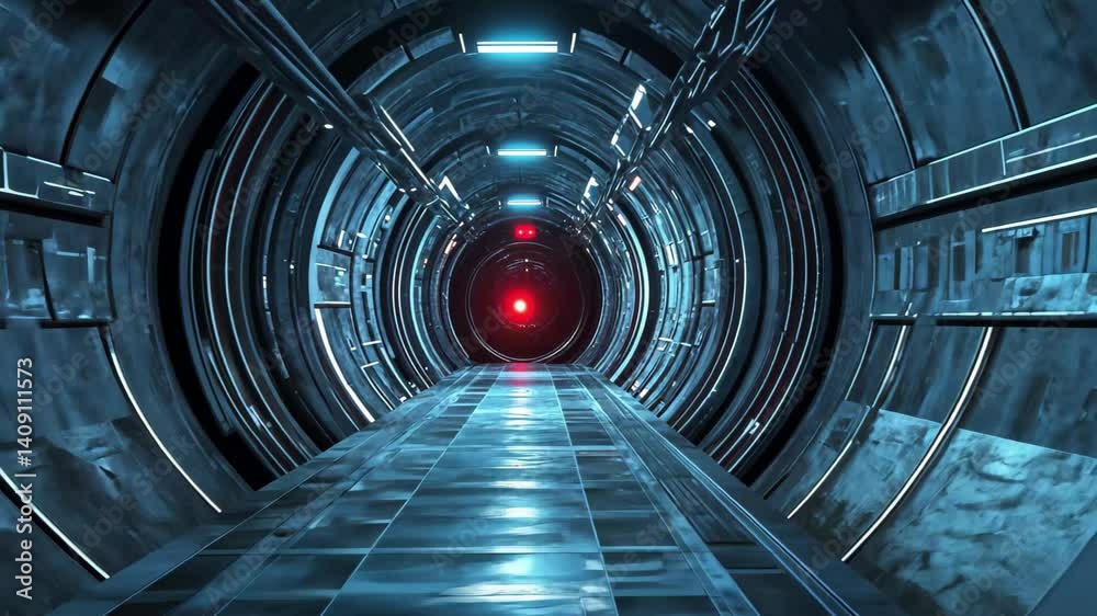 Floating dark sci fi block tunnel with neon lights illustrating advanced technology, Floating dark sci fi block tunnel zoom 3d