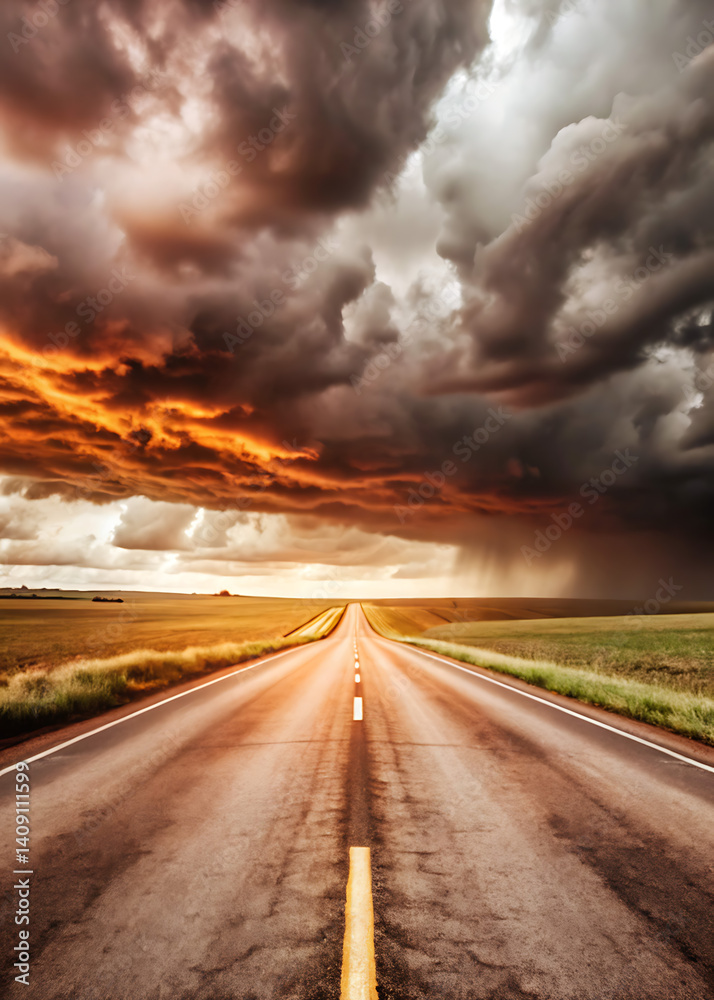 A serene sunset unfolding over a vast, straight road that stretches endlessly into the horizon, capturing the essence of adventure and peacefulness A serene sunset unfolding over a vast, straight road that stretches endlessly into the horizon, capturing the essence of adventure and peacefulness