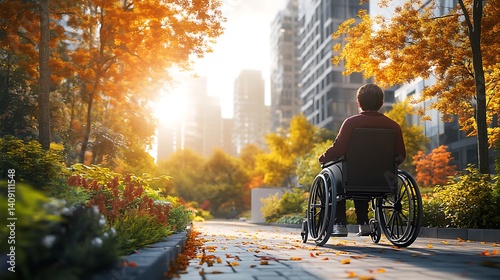 Wallpaper Mural Person in wheelchair rolling on path, buildings in background, trees, fall leaves Torontodigital.ca