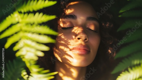 Young Woman's Face Illuminated By Sunlight Amidst Green Ferns Creating Shadows With Closed Eyes