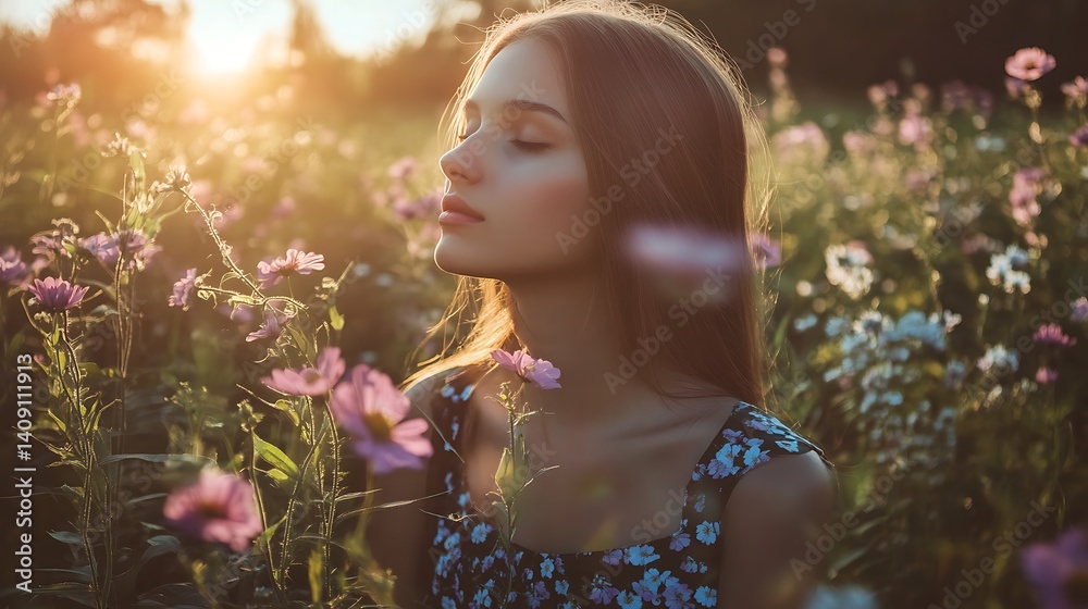 Young Woman with Eyes Closed amongst Field of Pink and White Flowers with Backlit Sunlight during Day