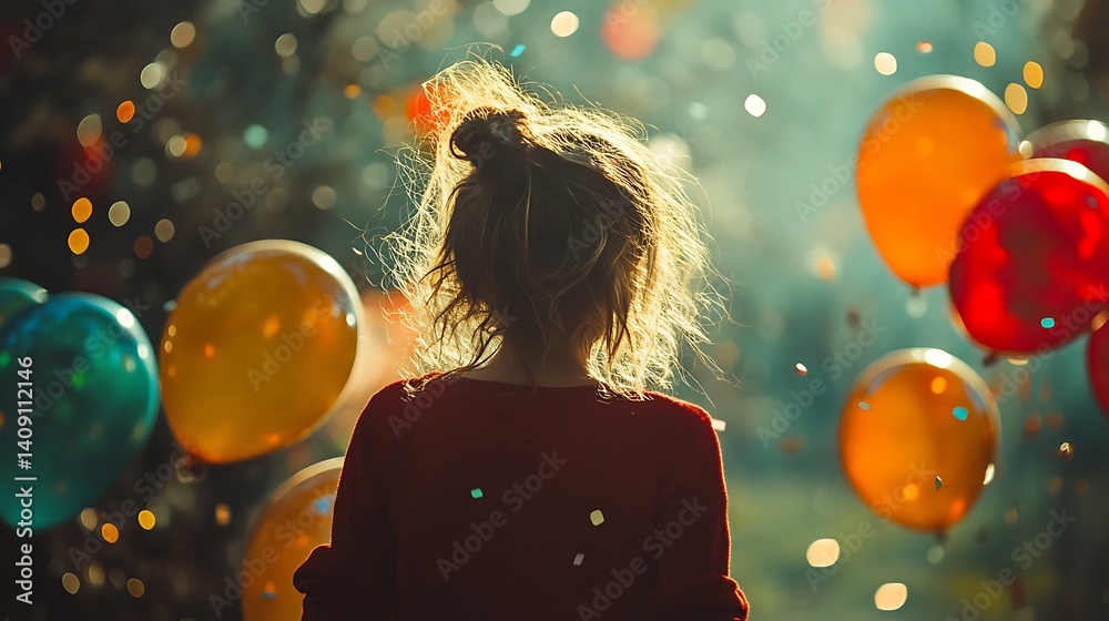Young Woman With Updo Hair Celebrates With Balloons And Confetti In Colorful Outdoor Sunlight