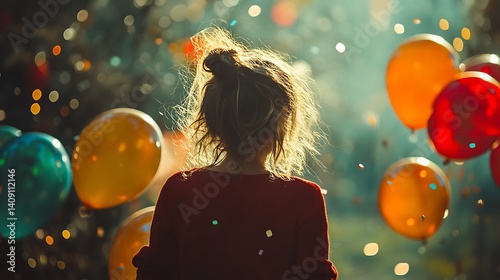 Obraz na płótnie Young Woman With Updo Hair Celebrates With Balloons And Confetti In Colorful Outdoor Sunlight w salonie
