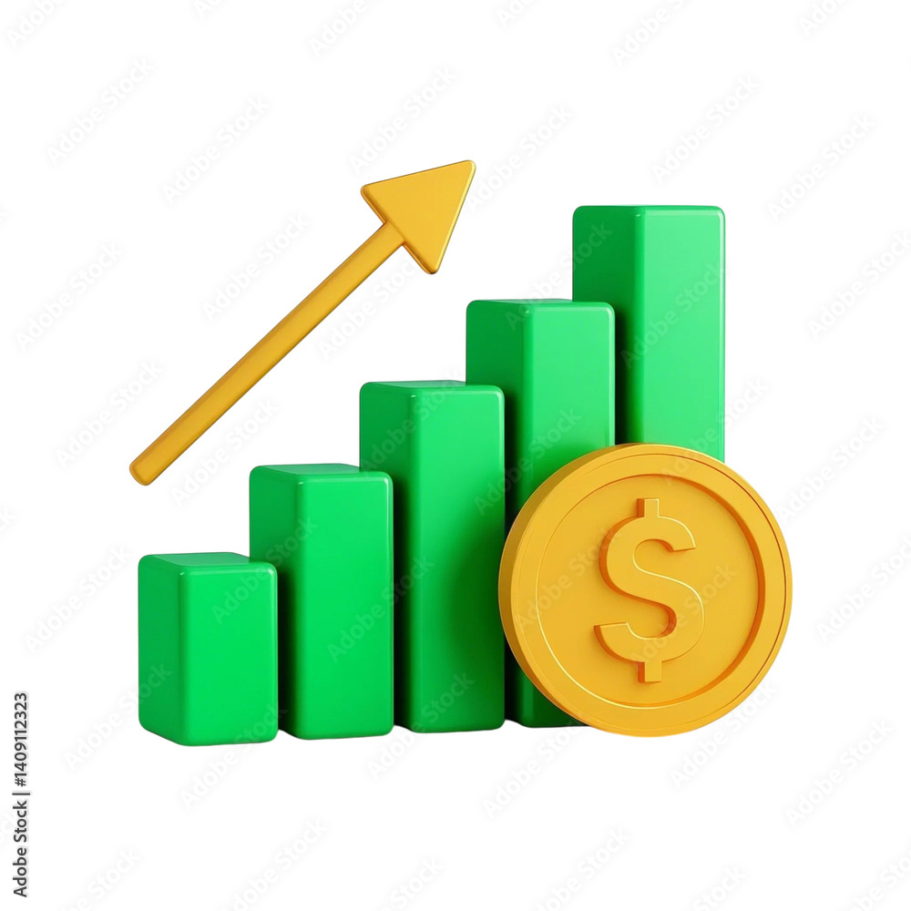 A rising bar graph with an orange dollar symbol and upward arrow, Financial growth and investment return, representing financial growth, economic success, or profit increase in a sleek, 3d icon
