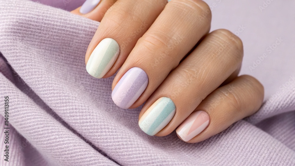 Pastel gradient nail art, Minimalist trendy style Elegant pastel nails displayed on a hand against a soft fabric background. Pastel gradient nail art, Minimalist trendy style Elegant pastel nails displayed on a hand against a soft fabric background.