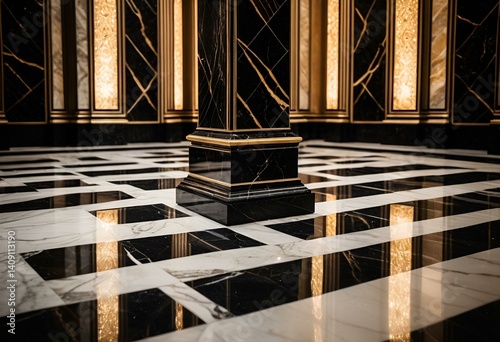 A black and white marble floor with gold columns.