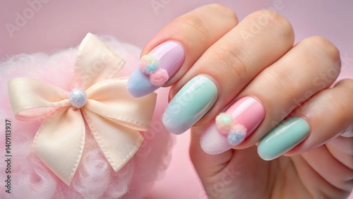 Pastel gradient nail art, Minimalist trendy style Colorful pastel nails with decorative details, alongside a fluffy bow accessory.