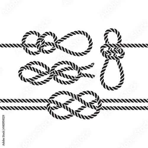 Nautical rope knots Vector Black silhouettes. with white background