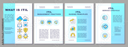 ITIL service brochure layout. Cloud technology. Software development, programming. Leaflet advertising design with color line icons. Editable 4 pages. Arial-Black, Myriad Pro-Regular fonts used