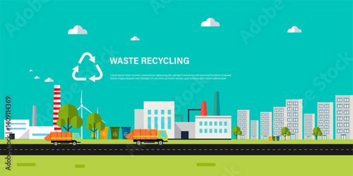 vector of garbage truck waste recycle of green eco city industries