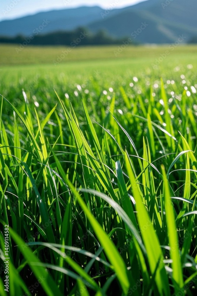 Obraz premium a close up of a field of grass with mountains in the background