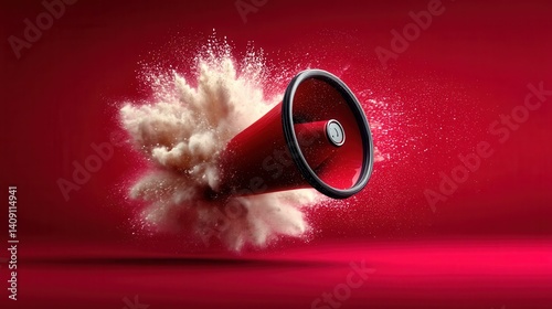 Dramatic red megaphone with powder explosion against vibrant background