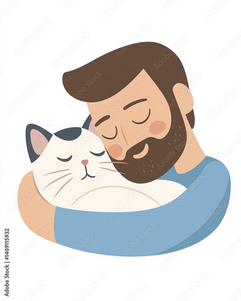 Cute cartoon illustration of a man hugging a cat with a peaceful expression. Concept of pet love, emotional support animals, and mental well-being through companionship. Cute cartoon illustration of a man hugging a cat with a peaceful expression. Concept of pet love, emotional support animals, and mental well-being through companionship.