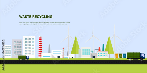 vector of waste recycle of green ecology  garbage truck, dustbin, wind , industry