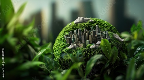 Verdant globe, city nestled, lush foliage, cityscape backdrop