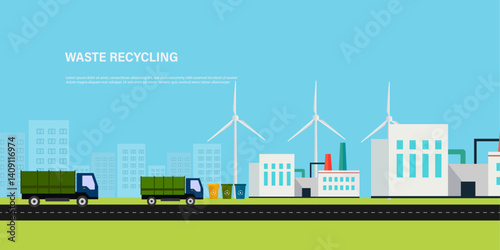 vector of waste recycle of green ecology  garbage truck, dustbin, wind , industry