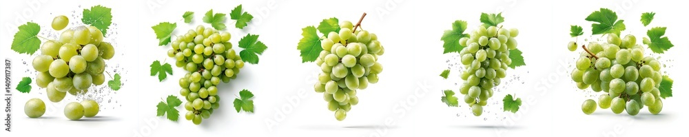 Green grape clusters and leaves flying mid-air, isolate on white background. Mix Green grape clusters and leaves flying mid-air, isolate on white background. Mix