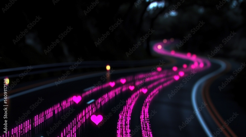 Fototapeta premium Pink heart digital road tunnel at night