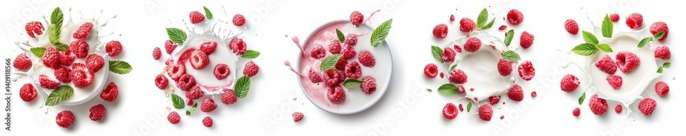 Circular creamy milk or yoghurt splash with raspberry slices and leaves, isolate on white background. Mix Circular creamy milk or yoghurt splash with raspberry slices and leaves, isolate on white background. Mix