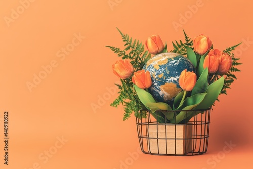 Earth globe nestled amongst vibrant orange tulips in a wire basket.