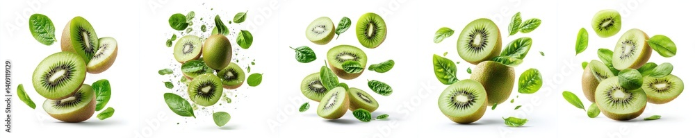 Fototapeta premium Kiwi fruit leaves flying mid-air, isolate on white background. Mix