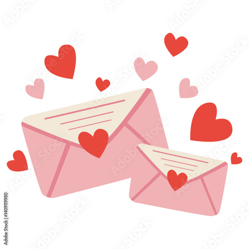 Flat illustration of love letters with hearts, ideal for Valentine’s Day, romantic messages, greeting cards, or expressing affection and emotions in a charming and simple graphic style.
