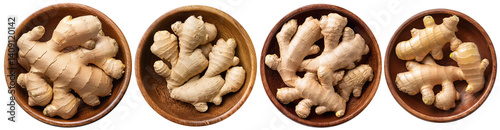 Fresh ginger root in a bowl, top view