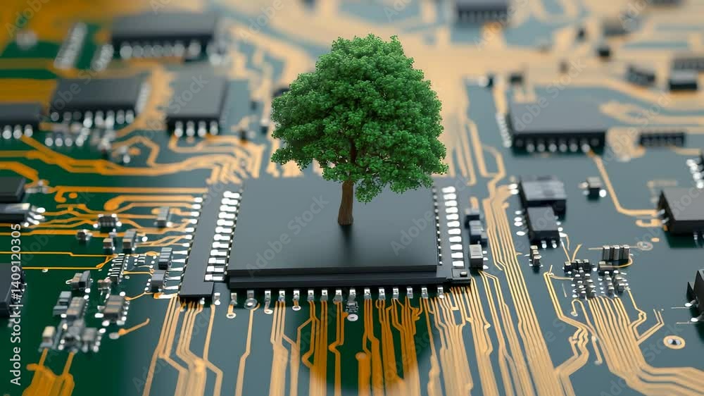 Tree Growing from Microchip on Circuit Board
