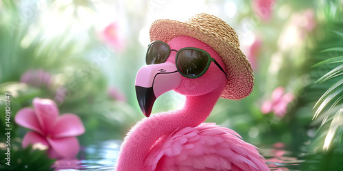 A Pink Flamingo Wearing Black Sunglasses on Pink Background